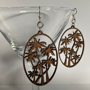 🧚 2/$15 Bohemian Palm Tree Dangle Drop Oval Earrings Wooden Handmade Natural